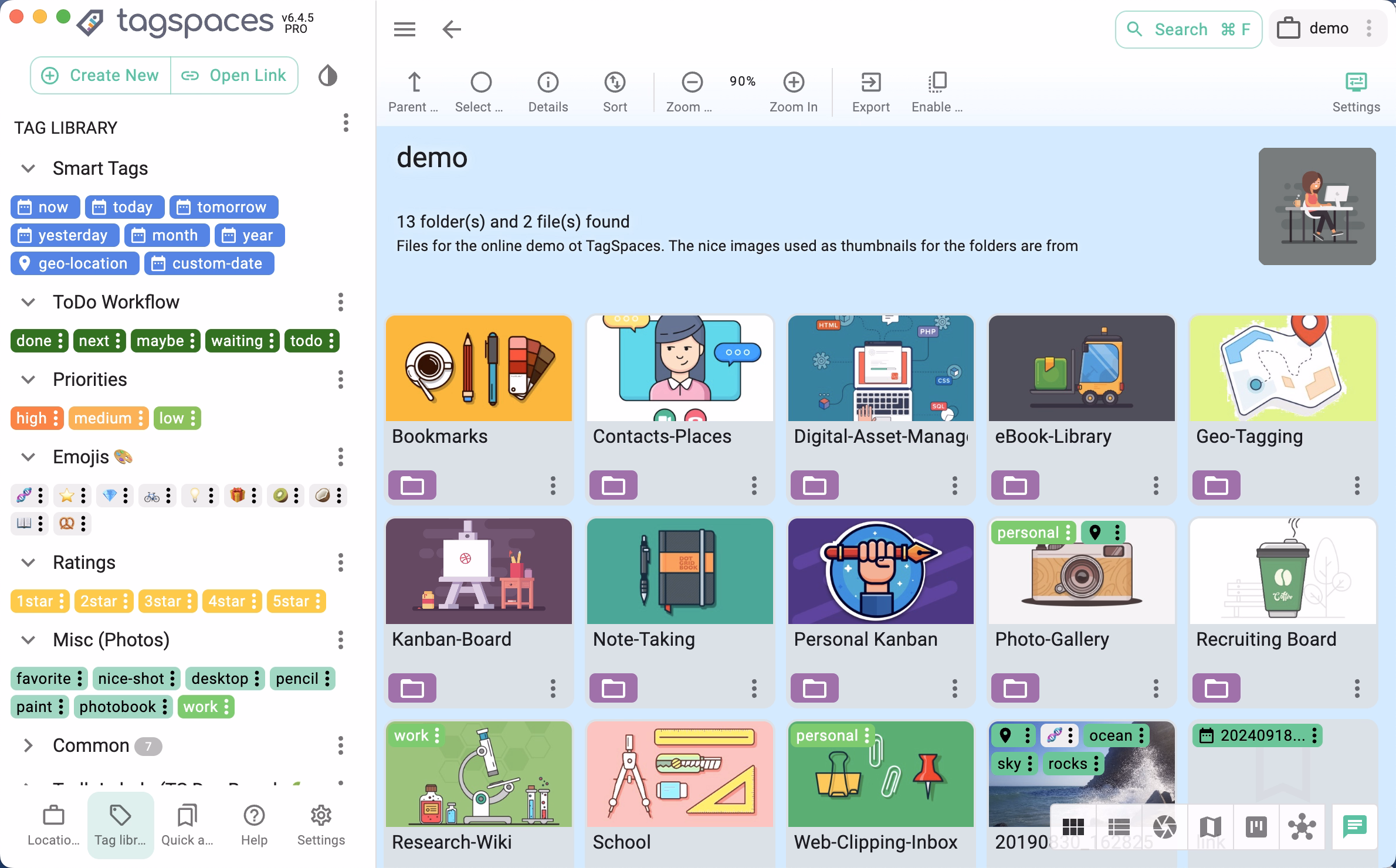 Till vänster i skärmbilden syns några av de smarta taggar man kan lägga till på sina filer i TagSpaces.