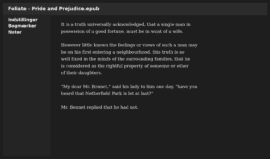 Screenshot af Foliate på Ubuntu i mørk tilstand, hvor e-bogen Pride and Prejudice er åbnet, og sidepanelet med indstillinger, bogmærker og noter er synligt.