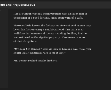 Screenshot af Foliate på Ubuntu i mørk tilstand, hvor e-bogen Pride and Prejudice er åbnet, og sidepanelet med indstillinger, bogmærker og noter er synligt.