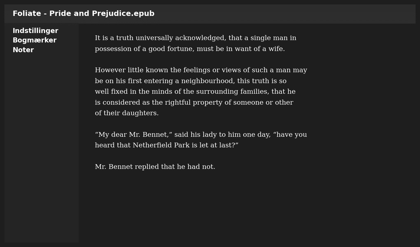 Skärmdump av Foliate på Ubuntu i mörkt läge, där e-boken Pride and Prejudice är öppnad och sidopanelen med inställningar, bokmärken och anteckningar är synlig.