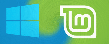 Illustration hvor Windows-logoet og Linux Mint-logoet smelter sammen i en dynamisk whirl-effekt, med blå og grønne farver der flyder ind i hinanden – symbol på overgangen fra Windows til Linux Mint.