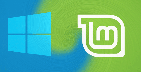 Illustration hvor Windows-logoet og Linux Mint-logoet smelter sammen i en dynamisk whirl-effekt, med blå og grønne farver der flyder ind i hinanden – symbol på overgangen fra Windows til Linux Mint.