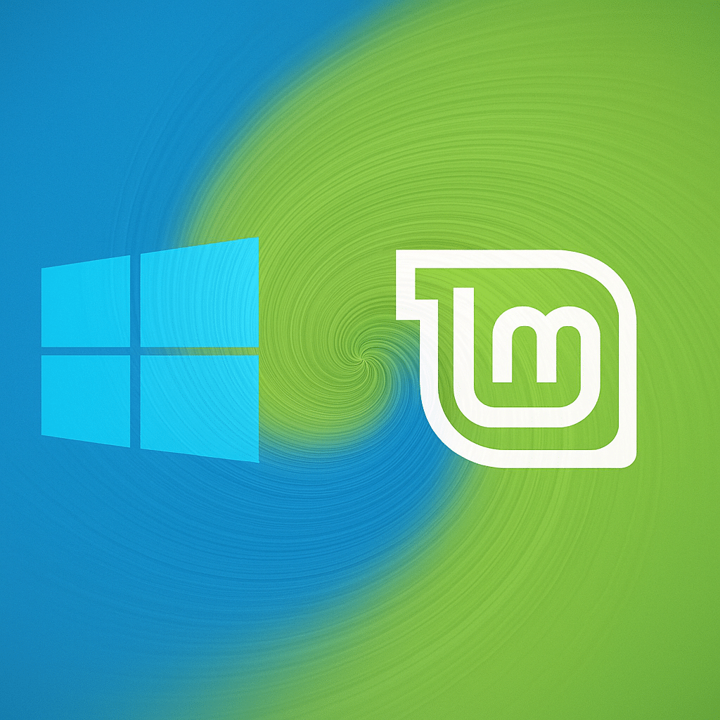 Illustrasjon der Windows-logoen og Linux Mint-logoen smelter sammen i en dynamisk virvel-effekt, med blå og grønne farger som flyter inn i hverandre – et symbol på overgangen fra Windows til Linux Mint.