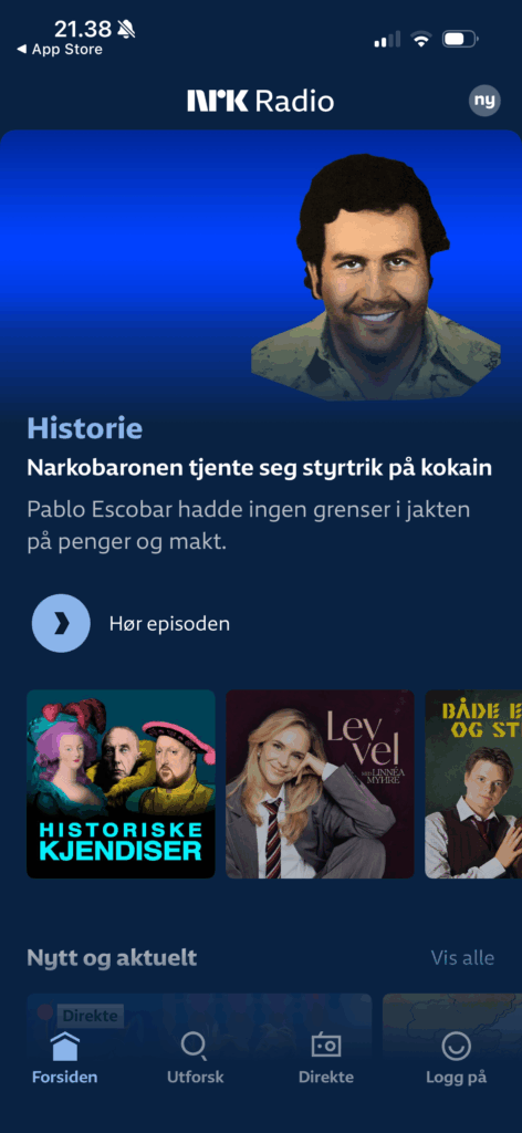 Hovedsiden i NRK Radio, hvor man fra menuen i bunden kan gå videre til at udforske indholdet eller direkte streaming.