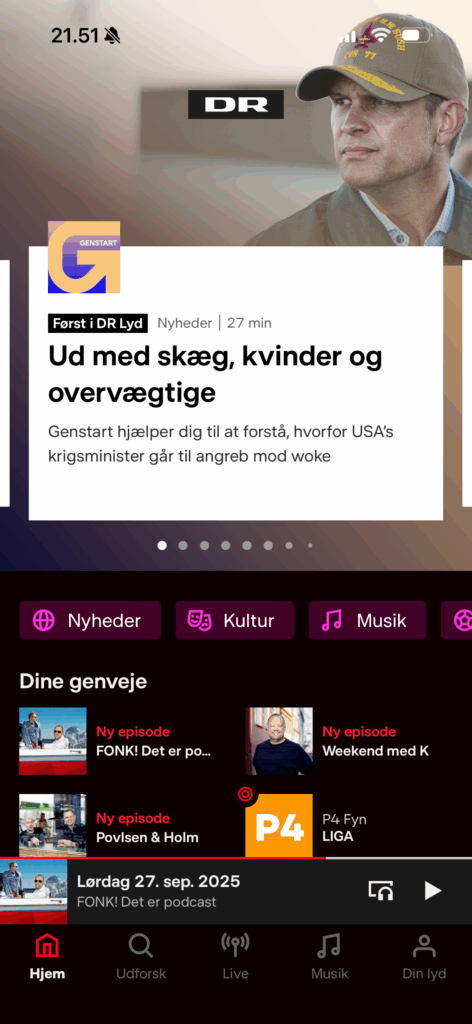 Hovedsiden i DR lyd med teaser, kategorier og ens egne genveje, der i vores tilfælde bl.a. leder til FONK! Det er podcast.