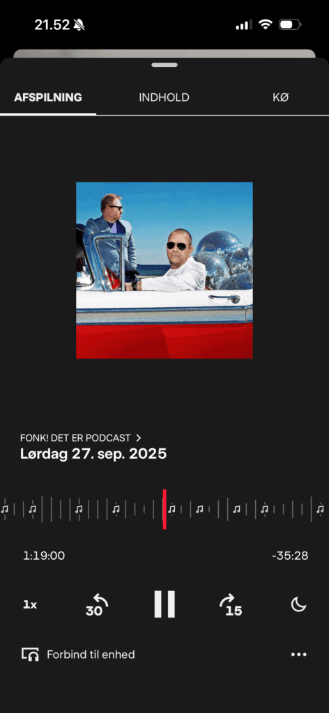 Her afspiller vi FONT! Det er podcast. Man kan i afspilningslinjen se, hvornår der er musik og i menuen i toppen kan man sætte andre udsendelser i kø.