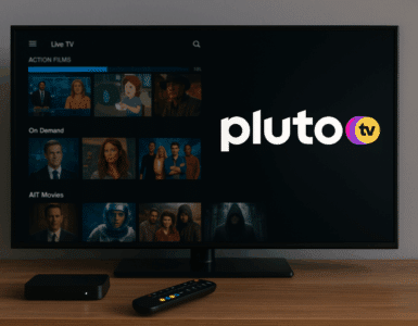 Realistisk foto af et moderne TV i stue, der viser Pluto TV-interface med film og serier på skærmen.