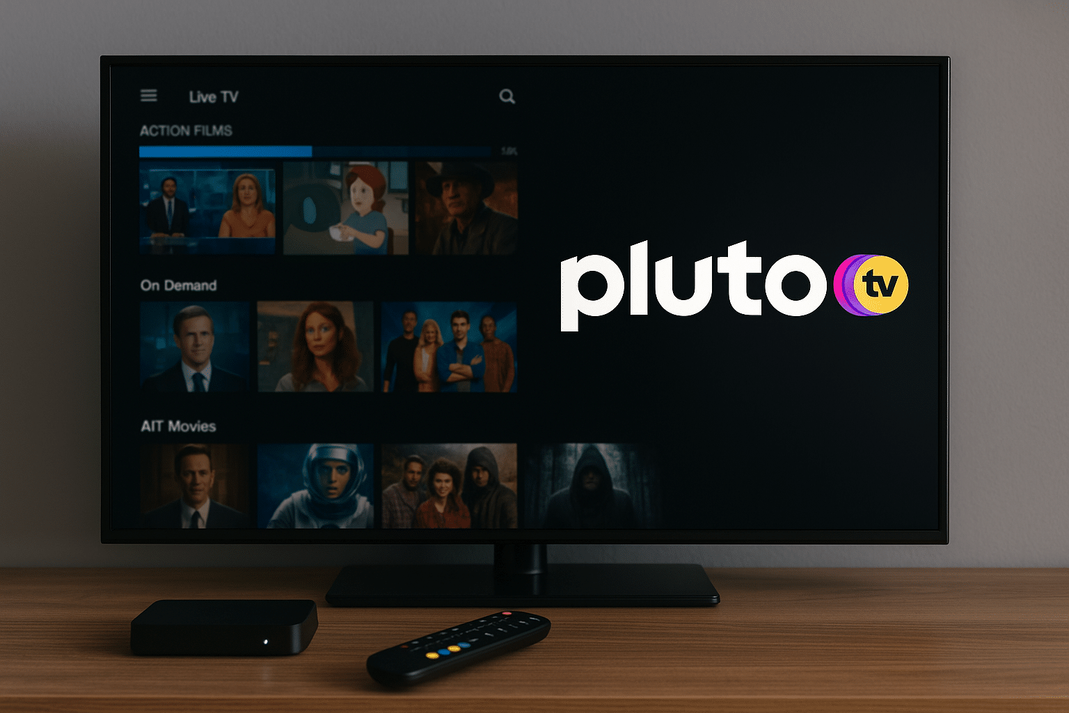 Realistisk foto av en moderne TV i stuen som viser Pluto TV-grensesnitt med filmer og serier på skjermen.