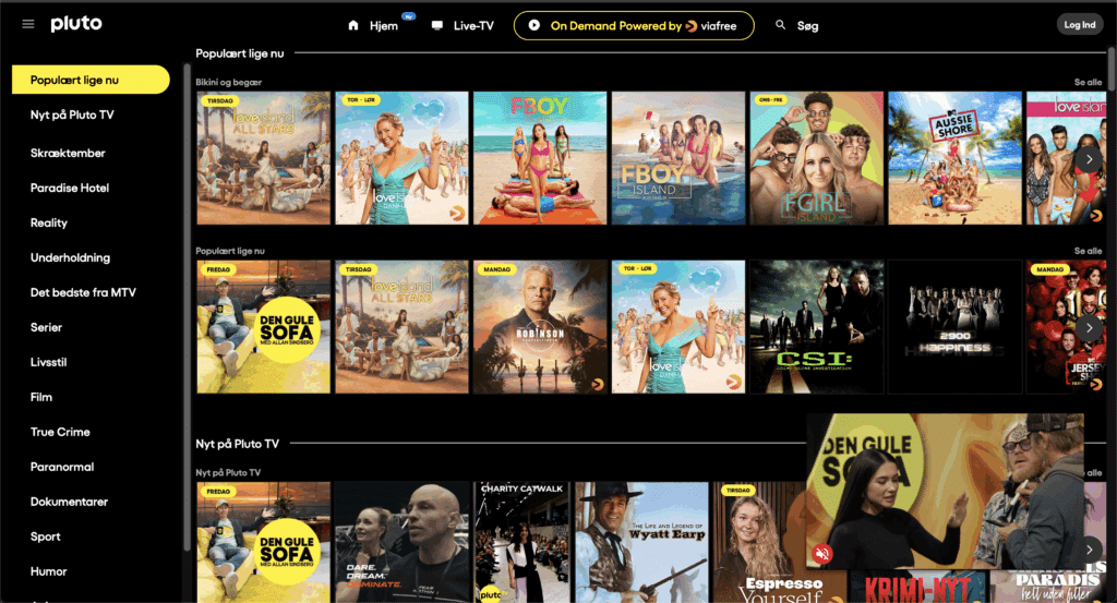 Det første du ser når du besøker Pluto TV, er de mange kategoriene og programmene du kan velge mellom, samt live-strømming klar til å sette i gang.