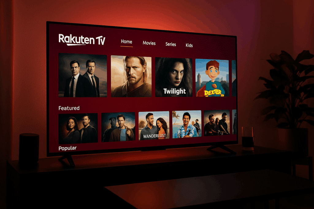 Realistisk foto af en moderne stue med et fladskærms-TV, der viser Rakuten TV’s interface med film og serier i rød belysning. Stemningsfuldt og teknisk set-up, som illustrerer streamingtjenestens brugerflade.