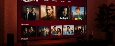 Realistisk foto af en moderne stue med et fladskærms-TV, der viser Rakuten TV’s interface med film og serier i rød belysning. Stemningsfuldt og teknisk set-up, som illustrerer streamingtjenestens brugerflade.