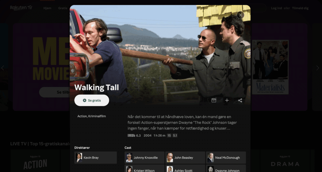 Vi valgte med et klik at se Walking Tall og efter 30 sekunders reklame gik filmen igang uden abonnement eller login.