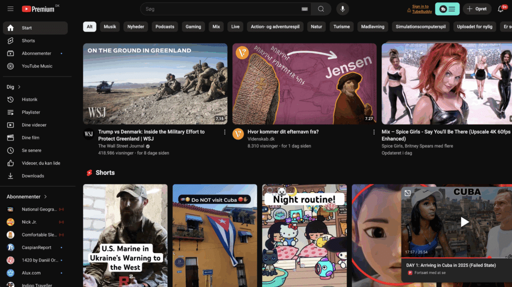 Vi testet både YouTube Free og YouTube Premium. Slik ser forsiden av YouTube ut med Premium. YouTube vet hva du har lyst til å se.