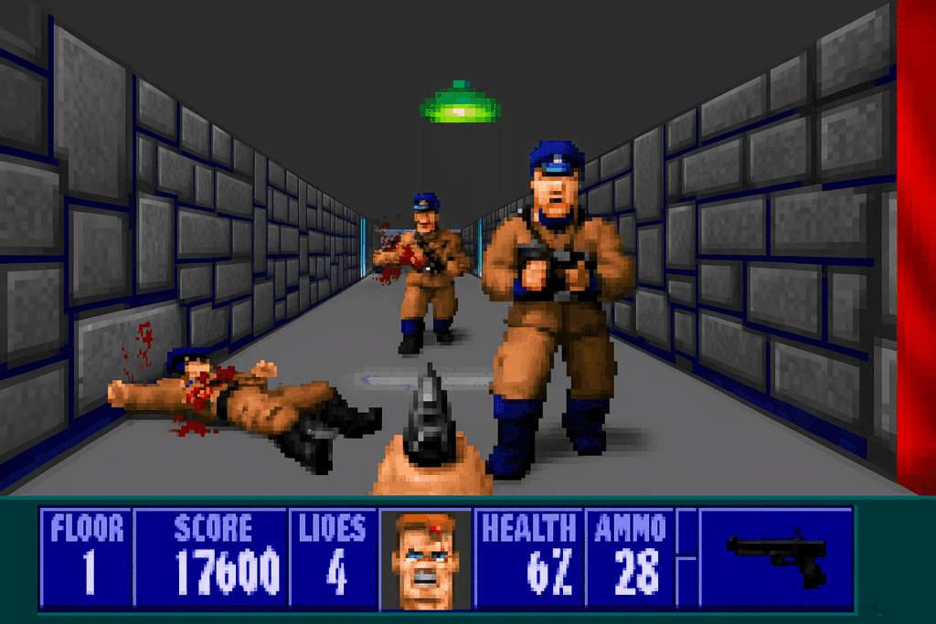 Skærmbillede fra Wolfenstein 3D, hvor hovedpersonen B.J. Blazkowicz er hårdt presset i kamp mod nazisoldater i en mørk stenbelagt korridor. Sundheden er lav, og fjender nærmer sig fra begge sider i klassisk pixelgrafik.
