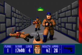 Skærmbillede fra Wolfenstein 3D, hvor hovedpersonen B.J. Blazkowicz er hårdt presset i kamp mod nazisoldater i en mørk stenbelagt korridor. Sundheden er lav, og fjender nærmer sig fra begge sider i klassisk pixelgrafik.