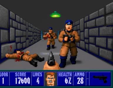 Skærmbillede fra Wolfenstein 3D, hvor hovedpersonen B.J. Blazkowicz er hårdt presset i kamp mod nazisoldater i en mørk stenbelagt korridor. Sundheden er lav, og fjender nærmer sig fra begge sider i klassisk pixelgrafik.