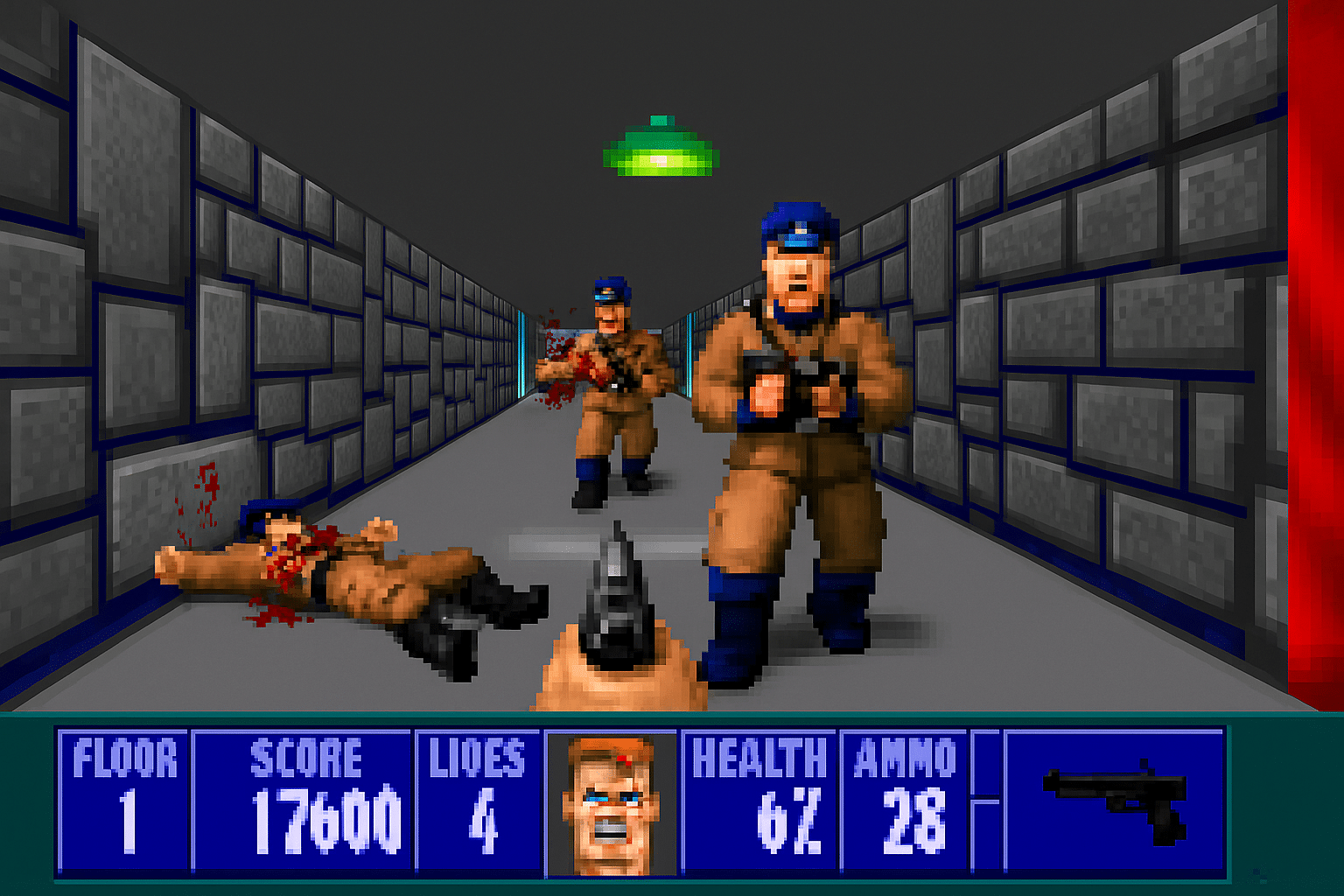 Skjermbilde fra Wolfenstein 3D, der hovedpersonen B.J. Blazkowicz er hardt presset i kamp mot nazisoldater i en mørk steinbelagt korridor. Helsen er lav, og fiender nærmer seg fra begge sider i klassisk pikselgrafikk.