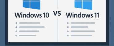 Sammenligning mellem Windows 10 og Windows 11 på en computerskærm i moderne kontormiljø uden tekst i billedet.