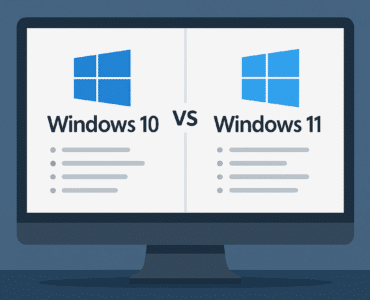 Sammenligning mellem Windows 10 og Windows 11 på en computerskærm i moderne kontormiljø uden tekst i billedet.
