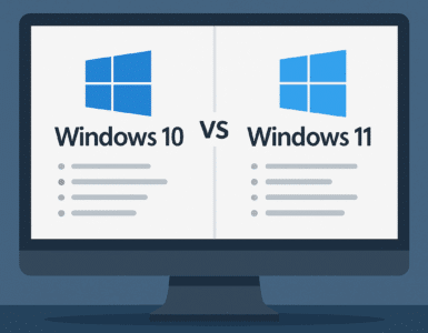 Sammenligning mellem Windows 10 og Windows 11 på en computerskærm i moderne kontormiljø uden tekst i billedet.