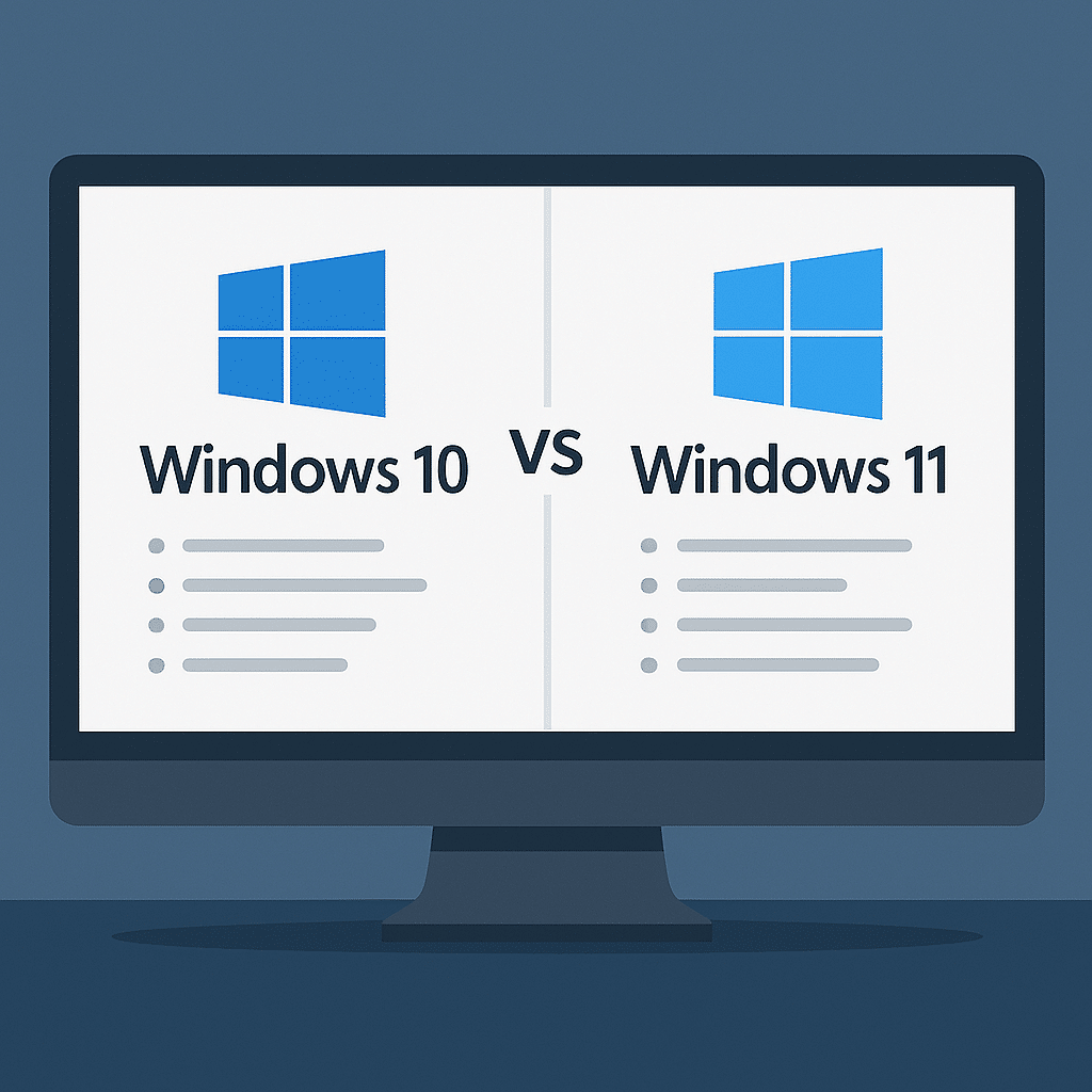 Sammenligning mellem Windows 10 og Windows 11 på en computerskærm i moderne kontormiljø uden tekst i billedet.