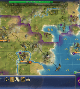 Strategisk kort i Civilization IV: Beyond the Sword, hvor spilleren styrer et imperium med byer, enheder og ressourcer ved kysten. Mini-kortet og UI viser byer som Antium, Otrar og Pataliputra, mens forskning i ‘Drama’ er aktiv. Detaljeret klassisk Civ 4-grænseflade med felter, floder, bjerge og hav – et autentisk overblik fra PC-versionen.