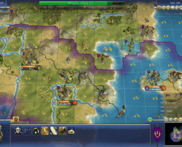 Strategisk kort i Civilization IV: Beyond the Sword, hvor spilleren styrer et imperium med byer, enheder og ressourcer ved kysten. Mini-kortet og UI viser byer som Antium, Otrar og Pataliputra, mens forskning i ‘Drama’ er aktiv. Detaljeret klassisk Civ 4-grænseflade med felter, floder, bjerge og hav – et autentisk overblik fra PC-versionen.