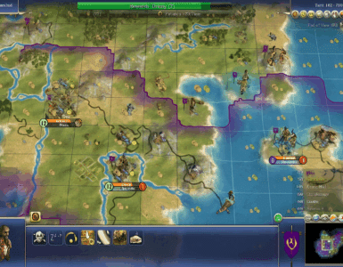 Strategisk kort i Civilization IV: Beyond the Sword, hvor spilleren styrer et imperium med byer, enheder og ressourcer ved kysten. Mini-kortet og UI viser byer som Antium, Otrar og Pataliputra, mens forskning i ‘Drama’ er aktiv. Detaljeret klassisk Civ 4-grænseflade med felter, floder, bjerge og hav – et autentisk overblik fra PC-versionen.