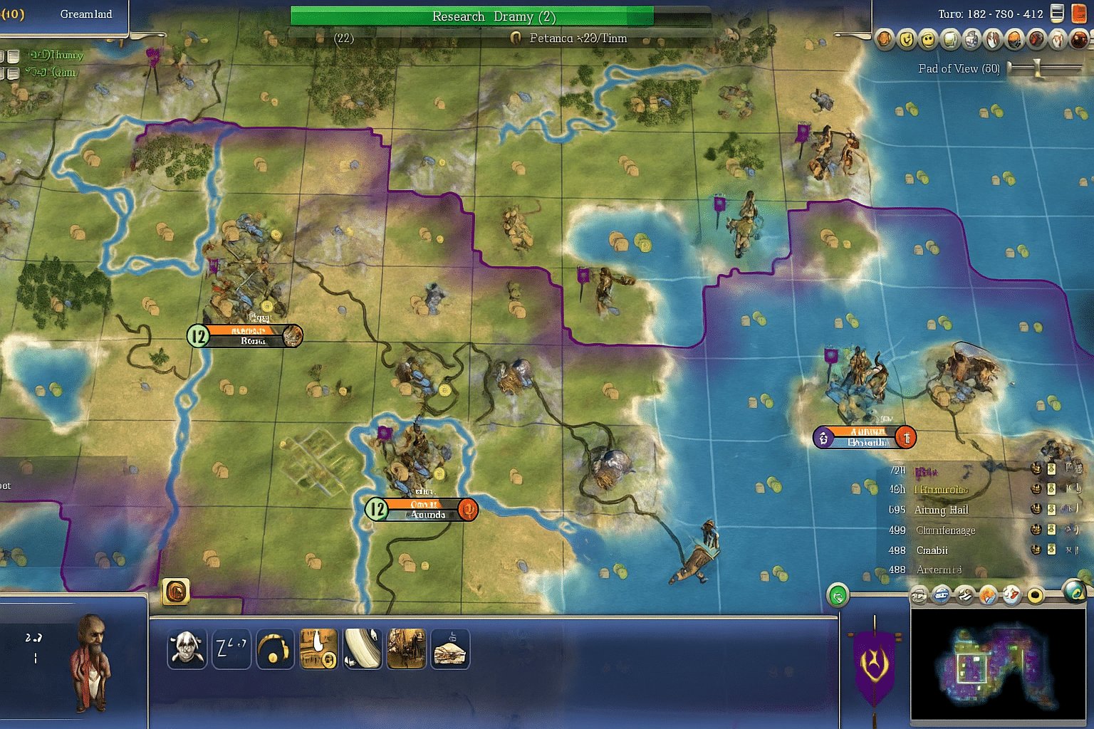 Strategisk kort i Civilization IV: Beyond the Sword, hvor spilleren styrer et imperium med byer, enheder og ressourcer ved kysten. Mini-kortet og UI viser byer som Antium, Otrar og Pataliputra, mens forskning i ‘Drama’ er aktiv. Detaljeret klassisk Civ 4-grænseflade med felter, floder, bjerge og hav – et autentisk overblik fra PC-versionen.