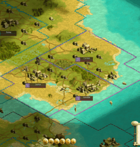 Strategisk kort fra Civilization III: Complete Edition, hvor spilleren styrer flere byer forbundet af veje på et kontinent omgivet af hav. UI viser mini-kort, bynavne som Rome, Clumoo og Dohia samt aktiv forskning i ‘Engineering’. Klassisk Civ 3-grænseflade med tydelige kulturgrænser, terræn og middelalderlige bygninger.