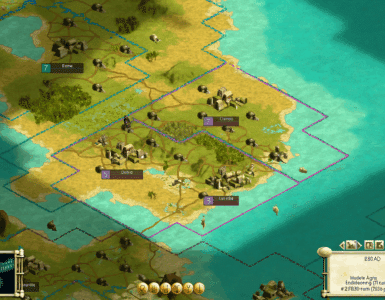 Strategisk kort fra Civilization III: Complete Edition, hvor spilleren styrer flere byer forbundet af veje på et kontinent omgivet af hav. UI viser mini-kort, bynavne som Rome, Clumoo og Dohia samt aktiv forskning i ‘Engineering’. Klassisk Civ 3-grænseflade med tydelige kulturgrænser, terræn og middelalderlige bygninger.