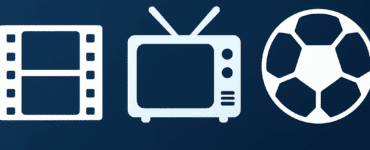 Hero-billede med mørkeblå baggrund og tre hvide ikoner, der symboliserer film (filmstrimmel), tv (gammeldags fjernsyn) og sport (fodbold).