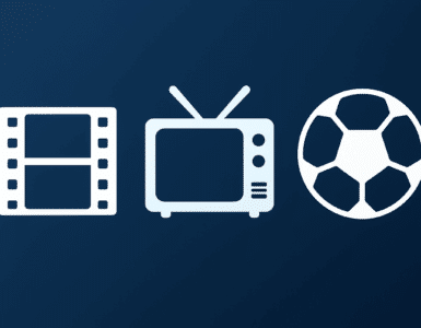 Hero-billede med mørkeblå baggrund og tre hvide ikoner, der symboliserer film (filmstrimmel), tv (gammeldags fjernsyn) og sport (fodbold).
