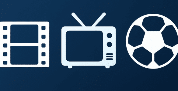 Hero-billede med mørkeblå baggrund og tre hvide ikoner, der symboliserer film (filmstrimmel), tv (gammeldags fjernsyn) og sport (fodbold).