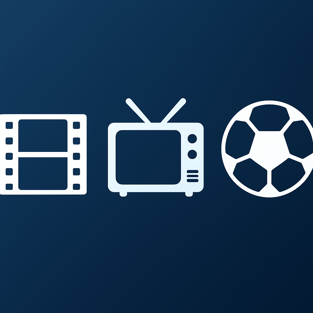 Hero-billede med mørkeblå baggrund og tre hvide ikoner, der symboliserer film (filmstrimmel), tv (gammeldags fjernsyn) og sport (fodbold).