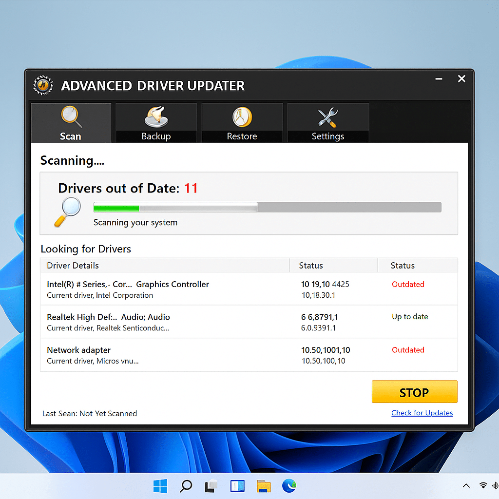 Advanced Driver Updater viser en skanning på Windows 11, der flere utdaterte drivere er funnet – inkludert grafikk-, lyd- og nettverksdrivere. Brukergrensesnittet viser tydelige statusindikatorer og en fremdriftslinje under skanningen.