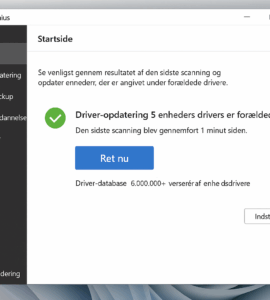 Screenshot fra vores test af Driver Genius på Windows 11, hvor programmet viser resultatet af en scanning med fem forældede drivere og knappen “Ret nu” klar til opdatering.