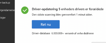 Screenshot fra vores test af Driver Genius på Windows 11, hvor programmet viser resultatet af en scanning med fem forældede drivere og knappen “Ret nu” klar til opdatering.