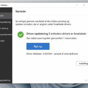 Screenshot fra vores test af Driver Genius på Windows 11, hvor programmet viser resultatet af en scanning med fem forældede drivere og knappen “Ret nu” klar til opdatering.
