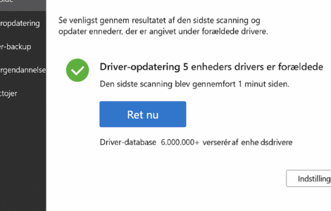Screenshot fra vores test af Driver Genius på Windows 11, hvor programmet viser resultatet af en scanning med fem forældede drivere og knappen “Ret nu” klar til opdatering.