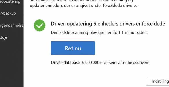 Screenshot fra vores test af Driver Genius på Windows 11, hvor programmet viser resultatet af en scanning med fem forældede drivere og knappen “Ret nu” klar til opdatering.