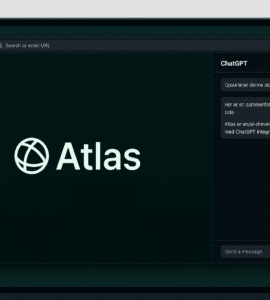 Screenshot fra vores test af Atlas Browser på macOS. Viser browserens mørke brugerflade med ChatGPT-sidepanel i højre side og Atlas-logo i venstre felt.