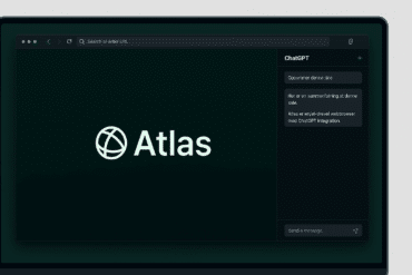 Screenshot fra vores test af Atlas Browser på macOS. Viser browserens mørke brugerflade med ChatGPT-sidepanel i højre side og Atlas-logo i venstre felt.