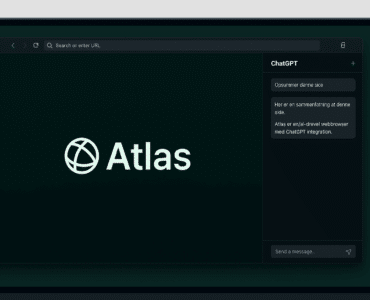 Screenshot fra vores test af Atlas Browser på macOS. Viser browserens mørke brugerflade med ChatGPT-sidepanel i højre side og Atlas-logo i venstre felt.