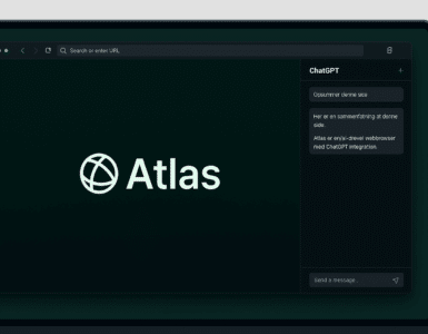 Screenshot fra vores test af Atlas Browser på macOS. Viser browserens mørke brugerflade med ChatGPT-sidepanel i højre side og Atlas-logo i venstre felt.