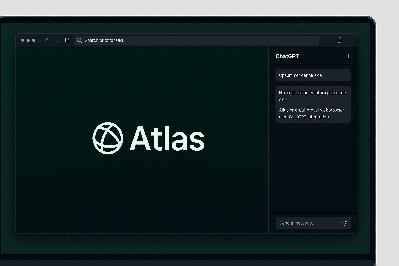 Skjermbilde fra vår test av Atlas Browser på macOS. Viser nettleserens mørke grensesnitt med ChatGPT-sidepanel på høyre side og Atlas-logo i venstre felt.