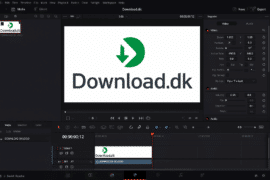 Screenshot af DaVinci Resolve, hvor et projekt med titlen “Download.dk Promo Video” er åbent. I preview-vinduet ses Download.dk-logoet, og tidslinjen viser et klip med logoet samt værktøjer til redigering, farve og lyd i programgrænsefladen.