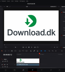 Screenshot af DaVinci Resolve, hvor et projekt med titlen “Download.dk Promo Video” er åbent. I preview-vinduet ses Download.dk-logoet, og tidslinjen viser et klip med logoet samt værktøjer til redigering, farve og lyd i programgrænsefladen.