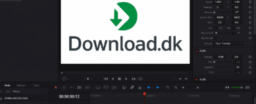 Screenshot af DaVinci Resolve, hvor et projekt med titlen “Download.dk Promo Video” er åbent. I preview-vinduet ses Download.dk-logoet, og tidslinjen viser et klip med logoet samt værktøjer til redigering, farve og lyd i programgrænsefladen.