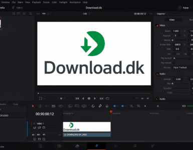 Screenshot af DaVinci Resolve, hvor et projekt med titlen “Download.dk Promo Video” er åbent. I preview-vinduet ses Download.dk-logoet, og tidslinjen viser et klip med logoet samt værktøjer til redigering, farve og lyd i programgrænsefladen.